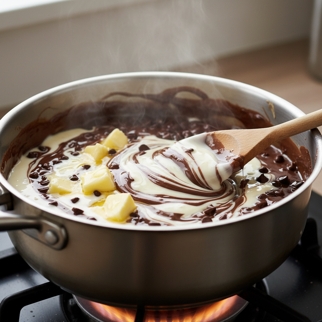 Melting and mixing Chocolate Orange Fudge ingredients