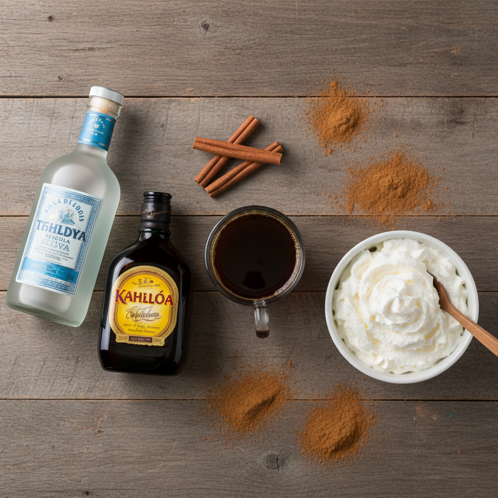 Ingredients for Mexican coffee on a wooden table