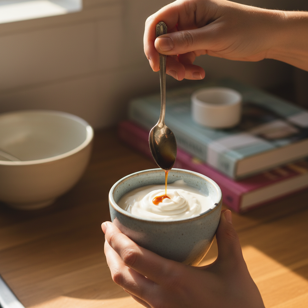 Mixing coconut cream and vanilla extract in a cup