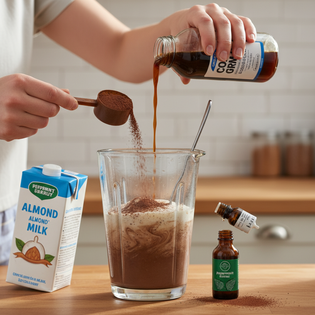 Blending ingredients for Mint Chocolate Chip Protein Iced Coffee