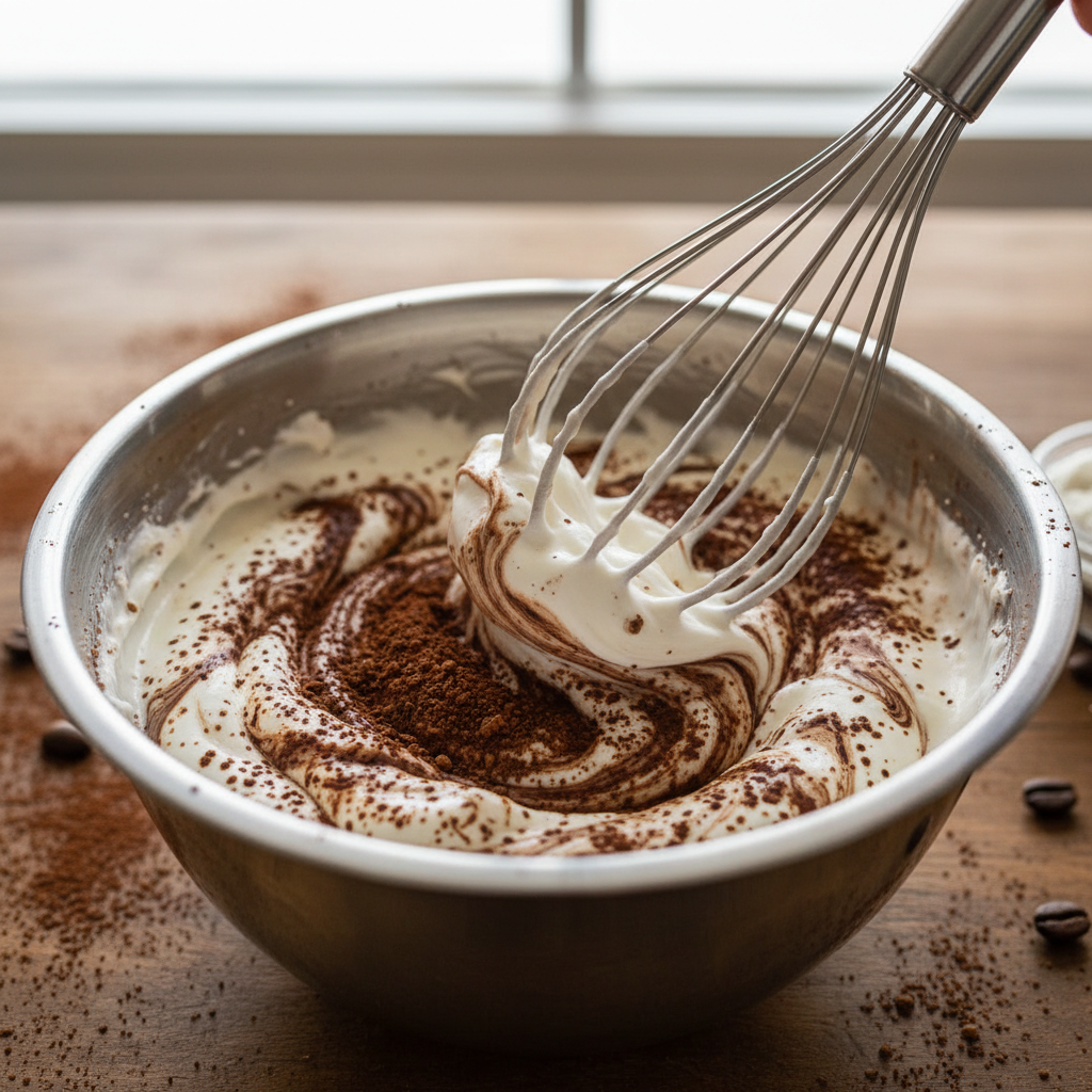 Mixing mocha cream for pudding