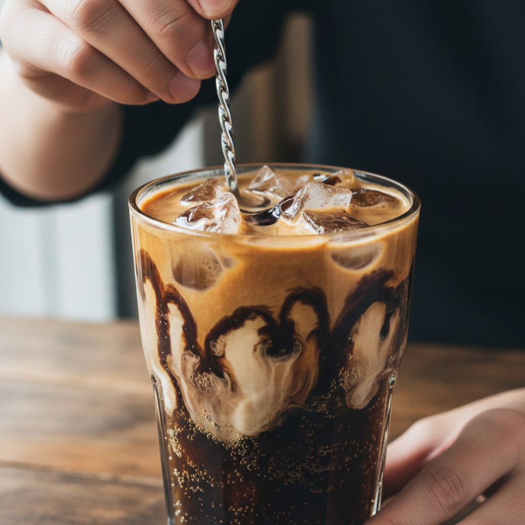 Mocha Madness Dirty Soda creamy swirls after adding half and half