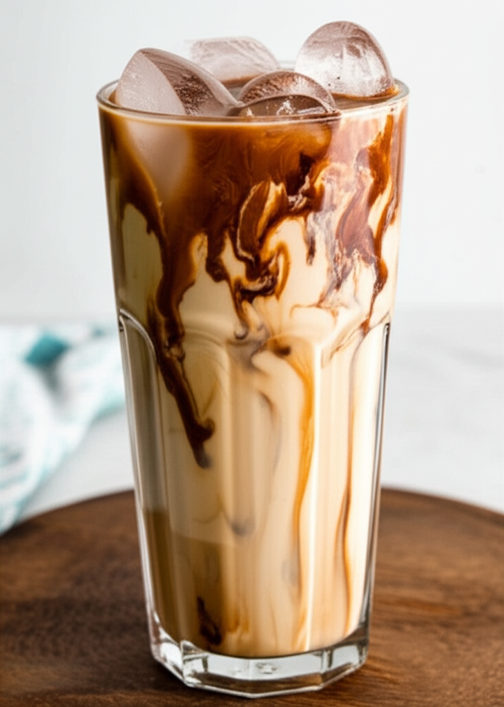 Mocha Madness Dirty Soda drink in glass with whipped cream
