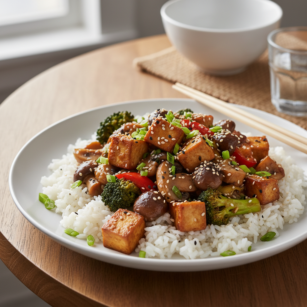 Finished stir-fry served with garnish and rice