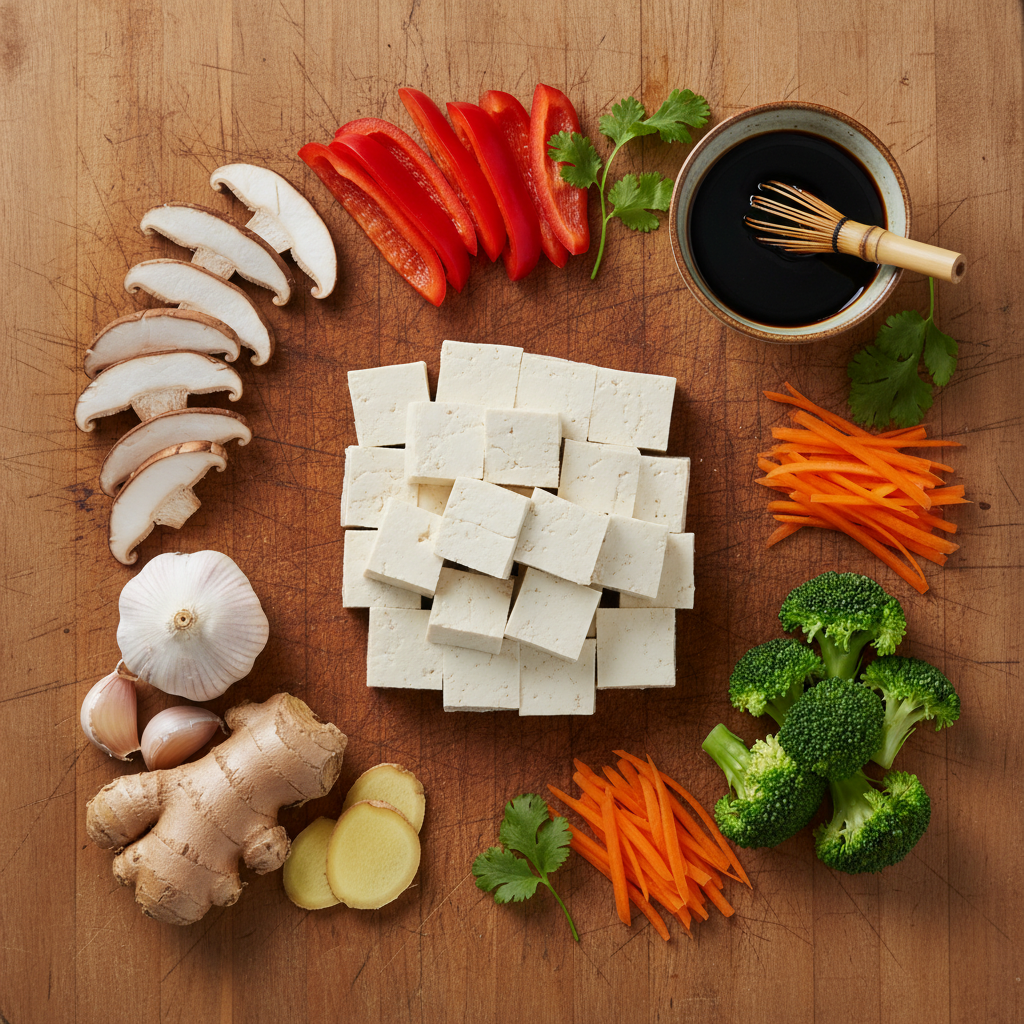 Ingredients for mushroom and tofu stir-fry