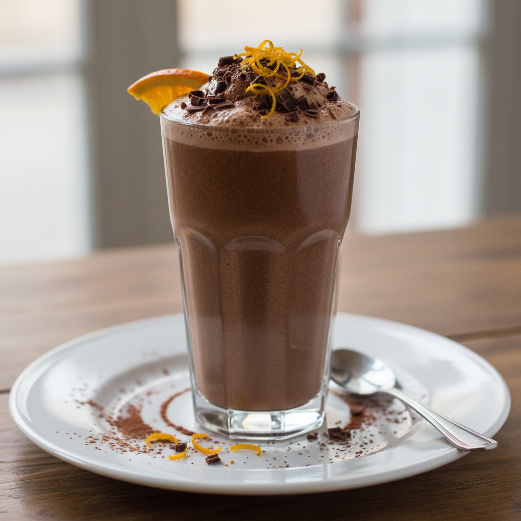 Chocolate Orange Protein Shake served with orange garnish
