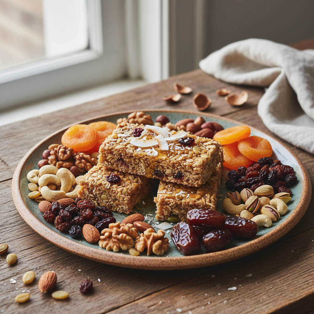 Healthy snacks including nuts and dried fruits