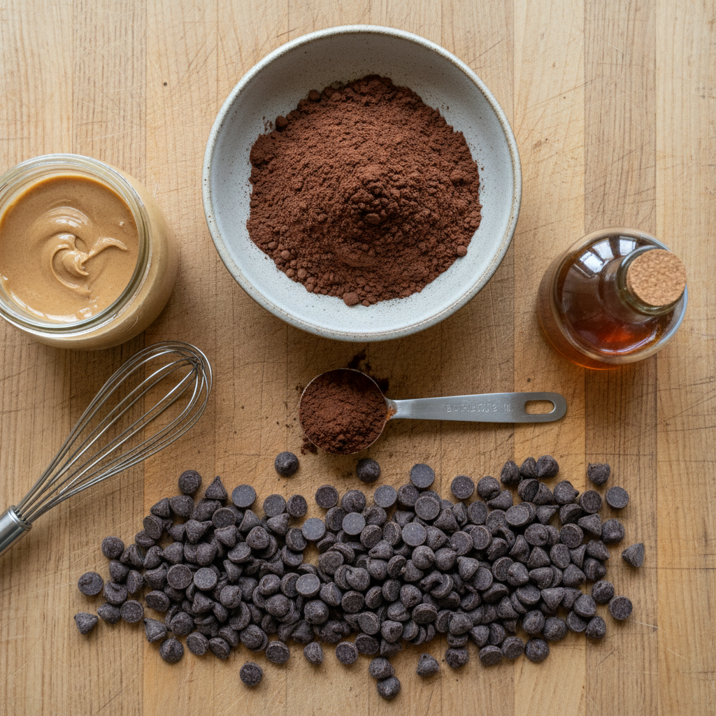 Ingredients including almond butter, cocoa powder, and maple syrup