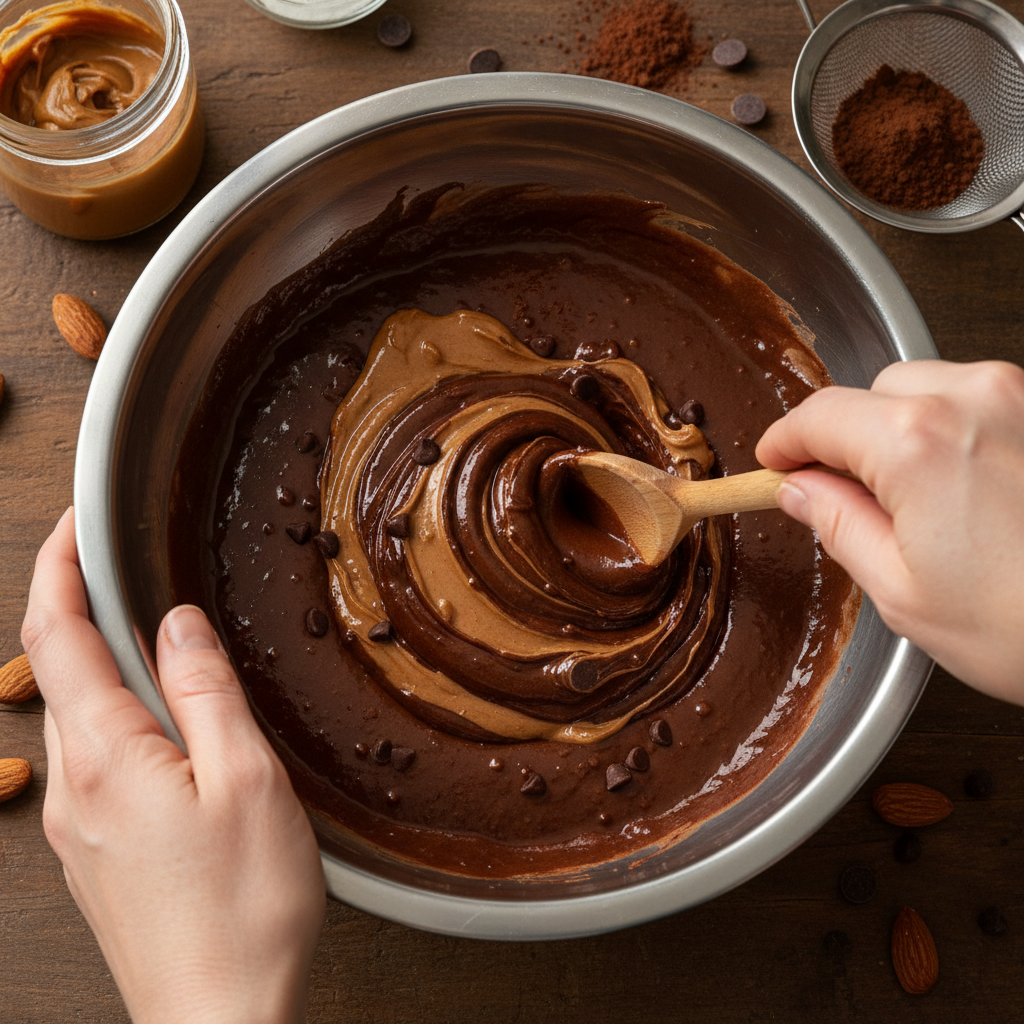 Mixing brownie ingredients in a large bowl