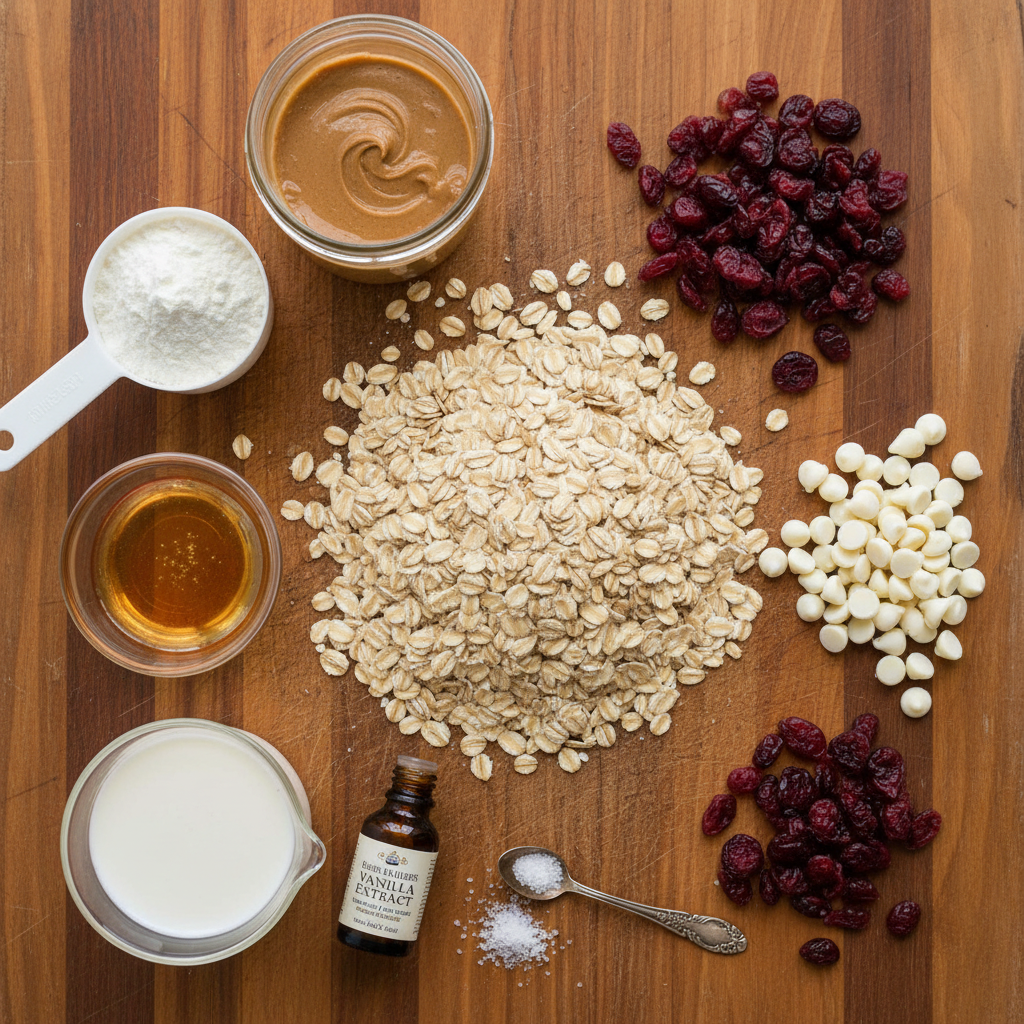 Ingredients for No-Bake Cranberry White Chocolate Protein Balls