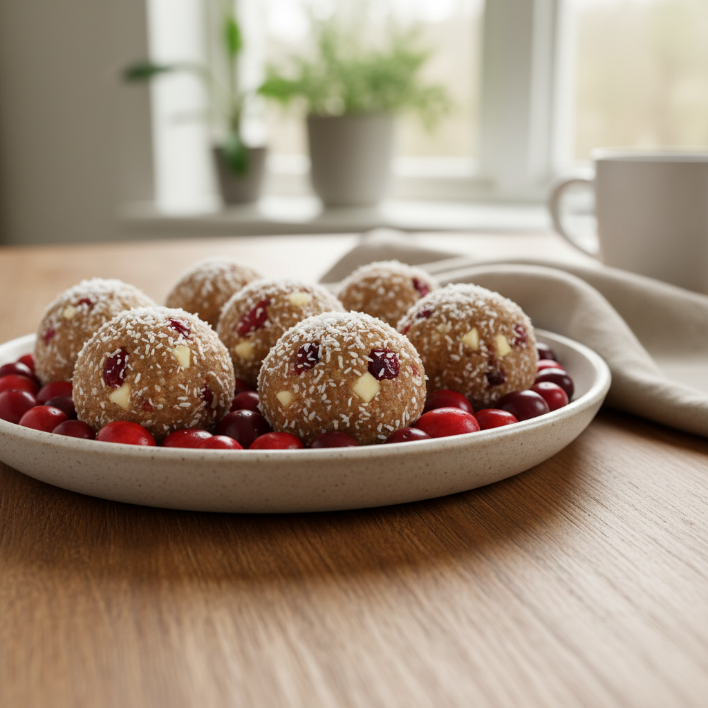 Chilled No-Bake Cranberry White Chocolate Protein Balls ready to store