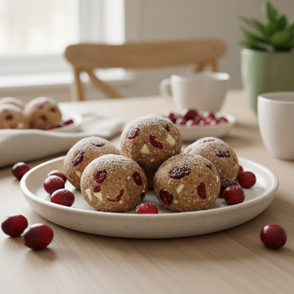 Finished cranberry white chocolate protein balls ready to enjoy