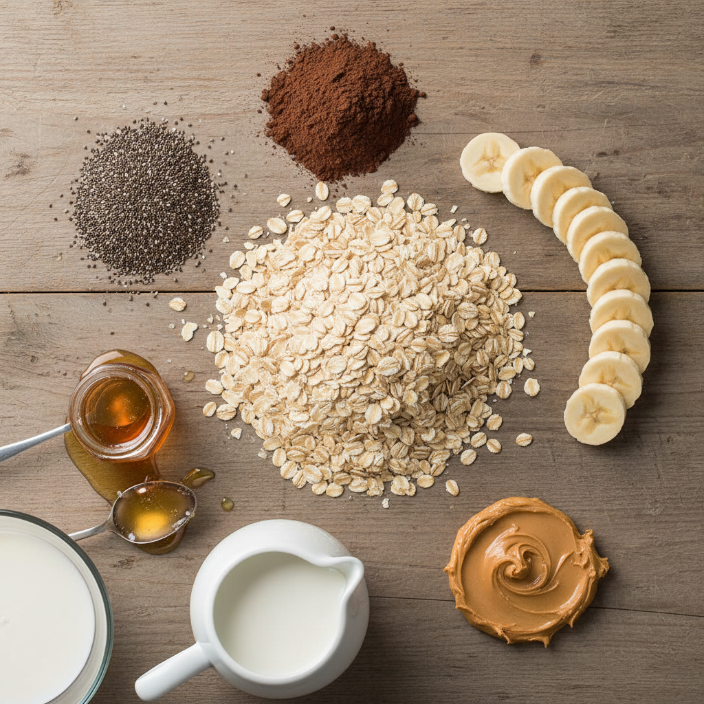 Ingredients for Chocolate Peanut Butter Banana Overnight Oats arranged on a table