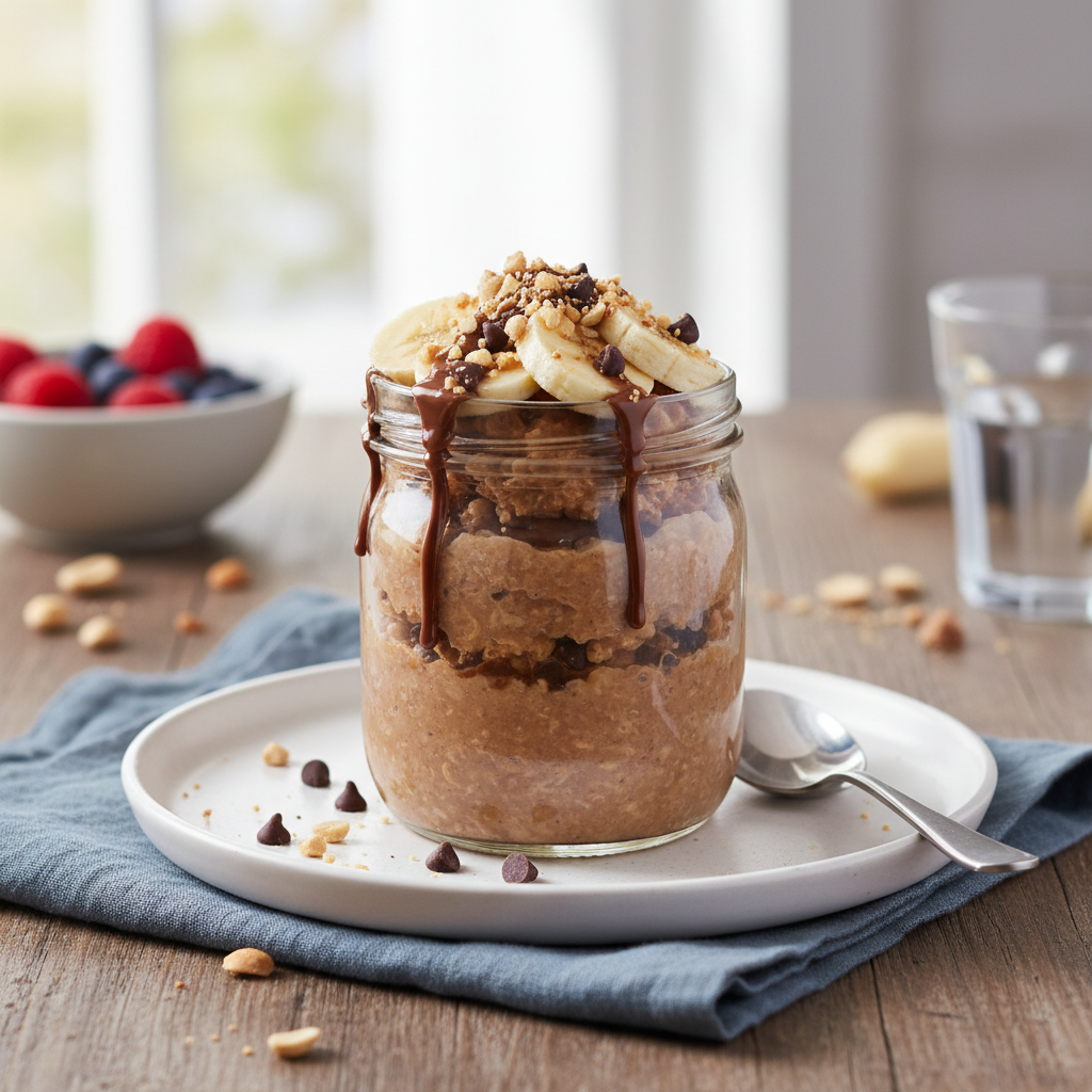 Finished Chocolate Peanut Butter Banana Overnight Oats ready to be enjoyed