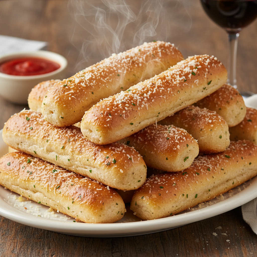 Freshly baked Olive Garden breadsticks brushed with garlic butter