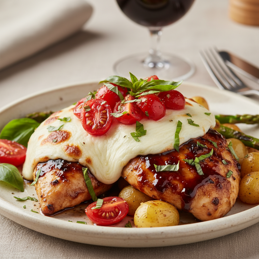 Finished balsamic chicken with tomato mozzarella topping ready to serve with side dishes
