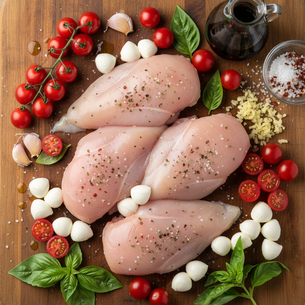 Balsamic vinegar, honey, garlic, avocado oil and fresh ingredients for chicken balsamic basil