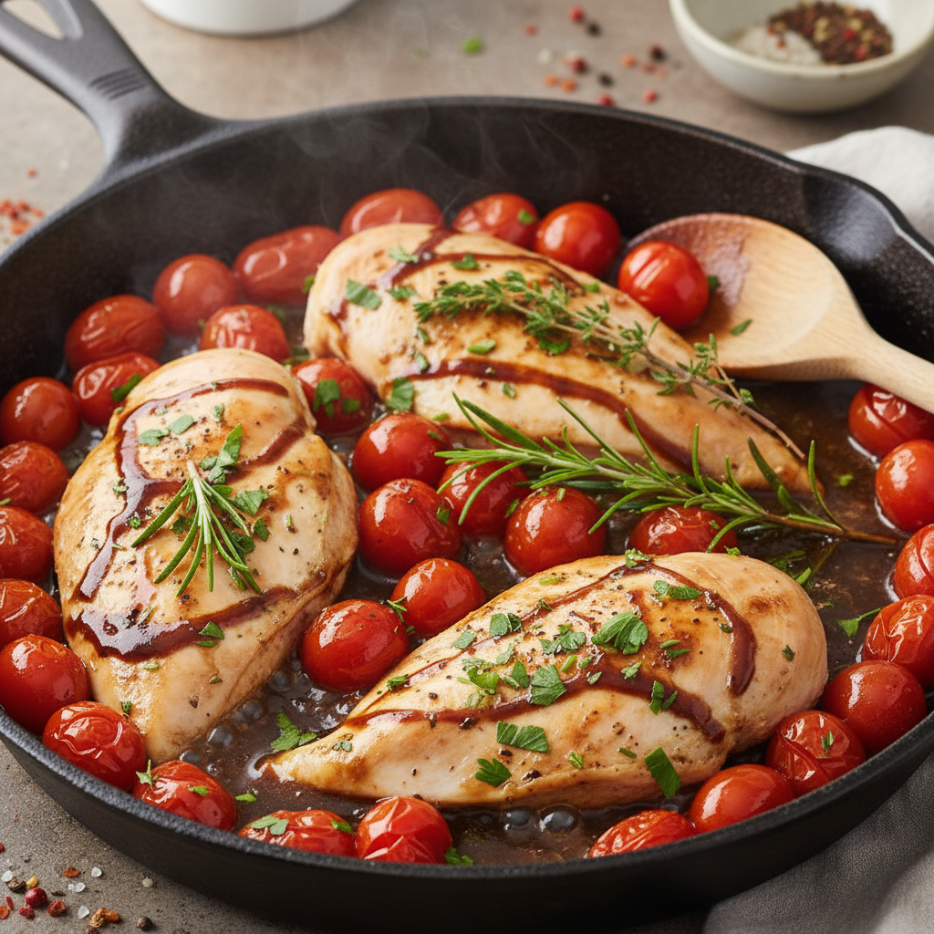 Juicy one skillet balsamic chicken topped with tomatoes, mozzarella and basil