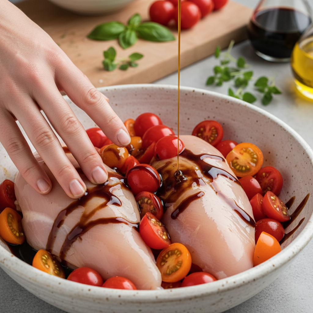 A bowl mixing sauce ingredients for balsamic chicken