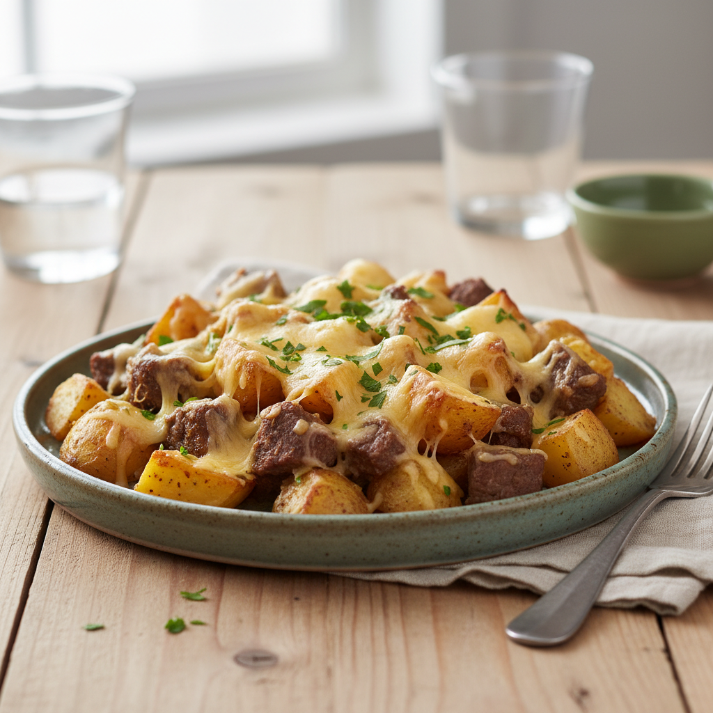 Finished cheesy skillet with garnish