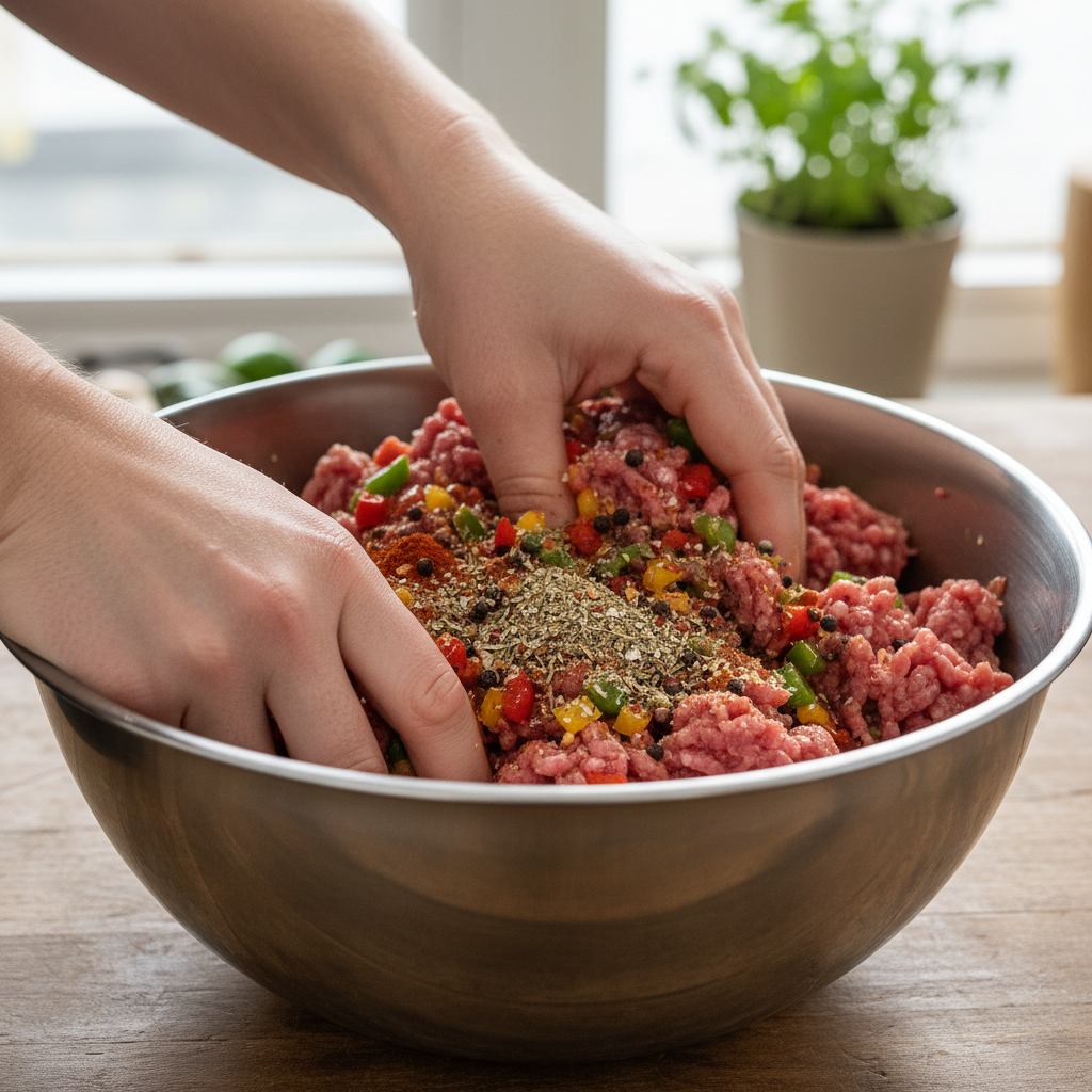 Cooking bell pepper, garlic, and seasonings in skillet