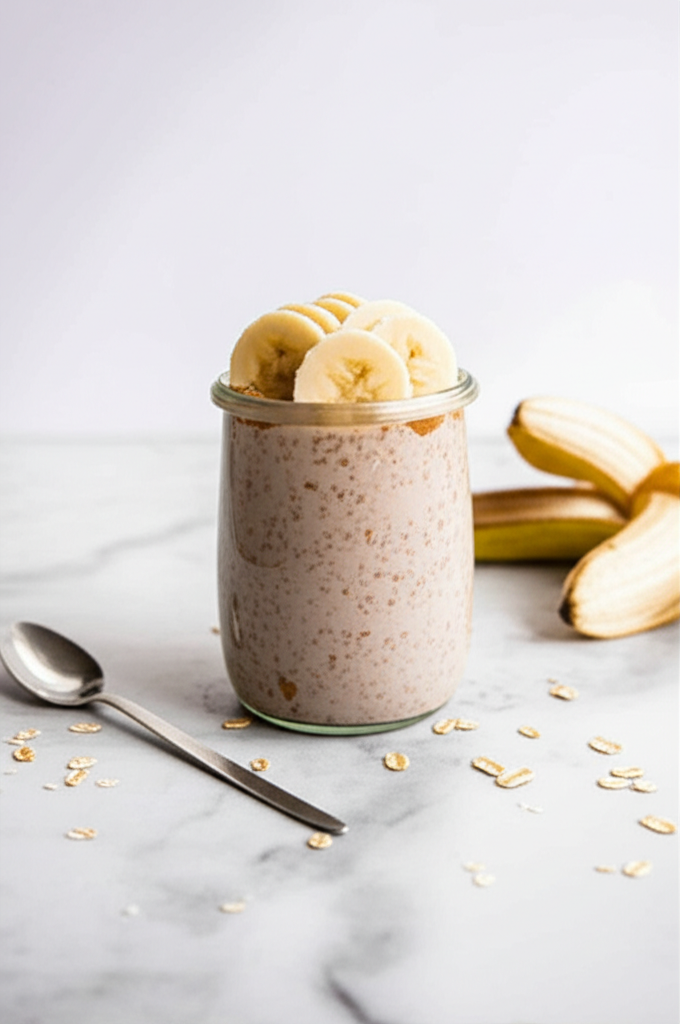 Chocolate Peanut Butter Banana Overnight Oats in a jar with bananas and peanut butter