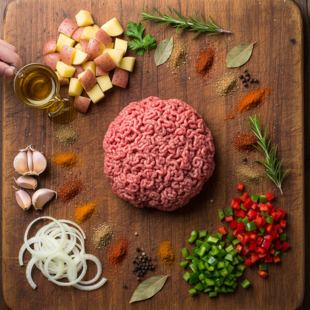 Ingredients laid out for Cheesy Meat & Potato Skillet