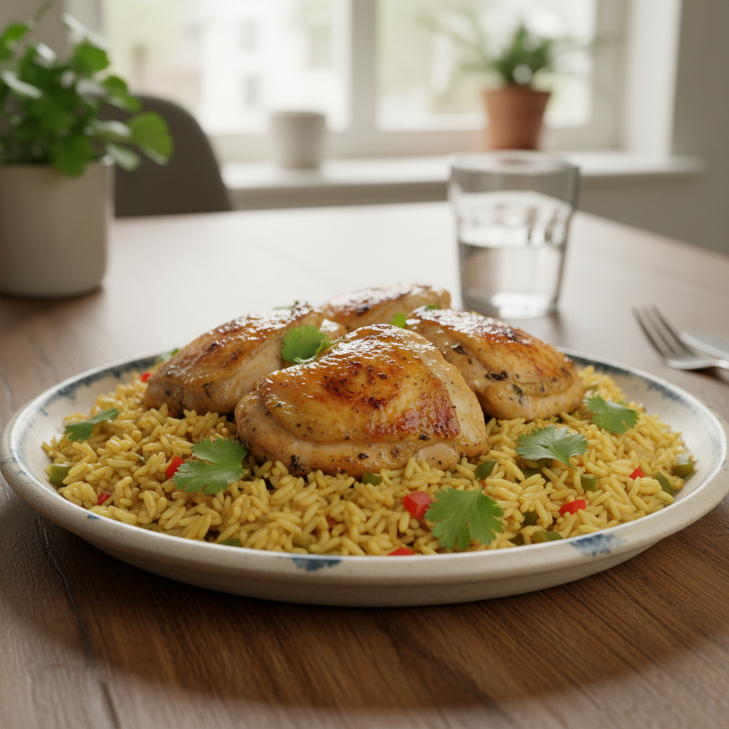 Finished Mediterranean chicken and rice dish