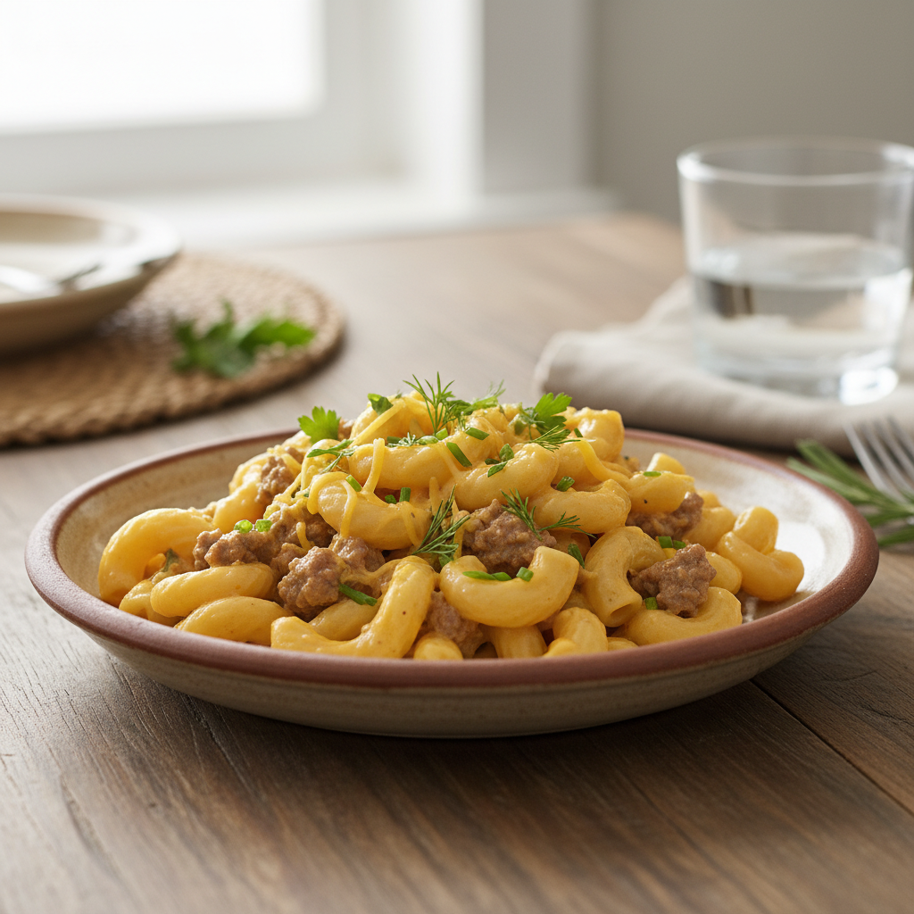 Serving suggestion Beef and Cheddar Ranch Pasta with salad and garlic bread