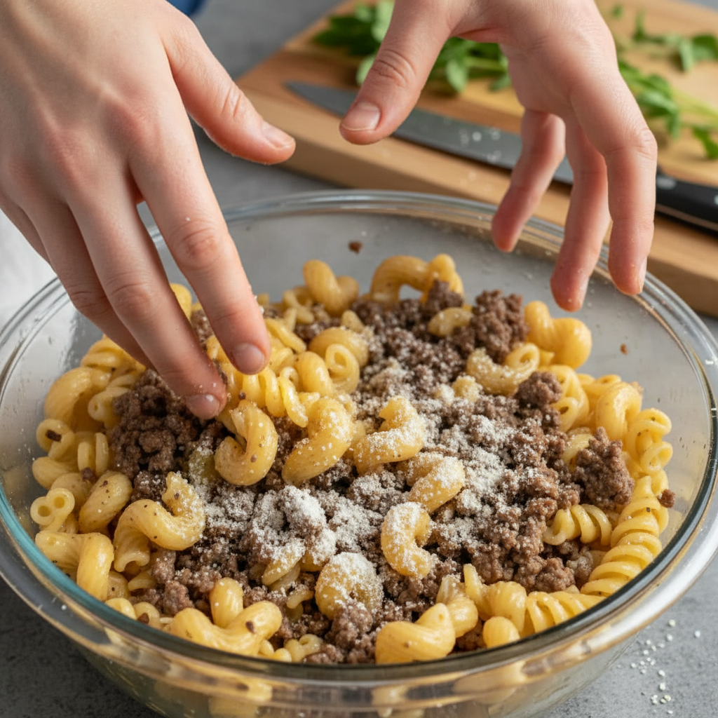 Mixing pasta and ranch seasoning in pot