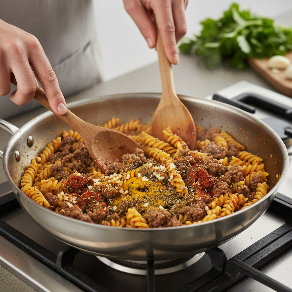 Ingredients for one-pot creamy garlic butter beef spaghetti