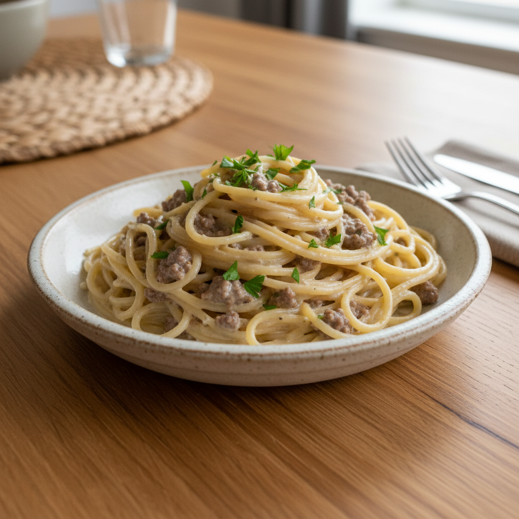 Browning ground beef in skillet with wooden spoon