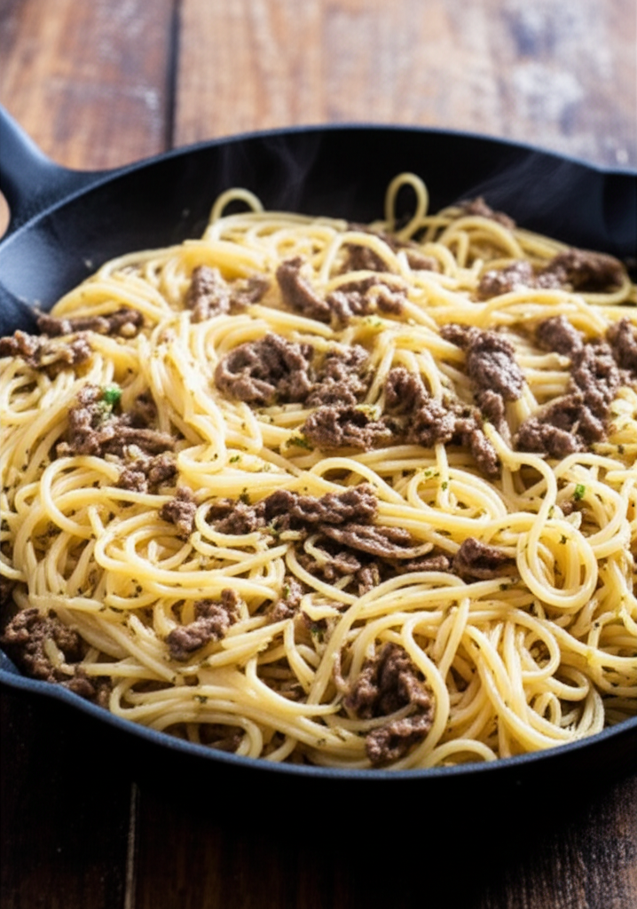 One pot creamy garlic butter beef spaghetti in skillet