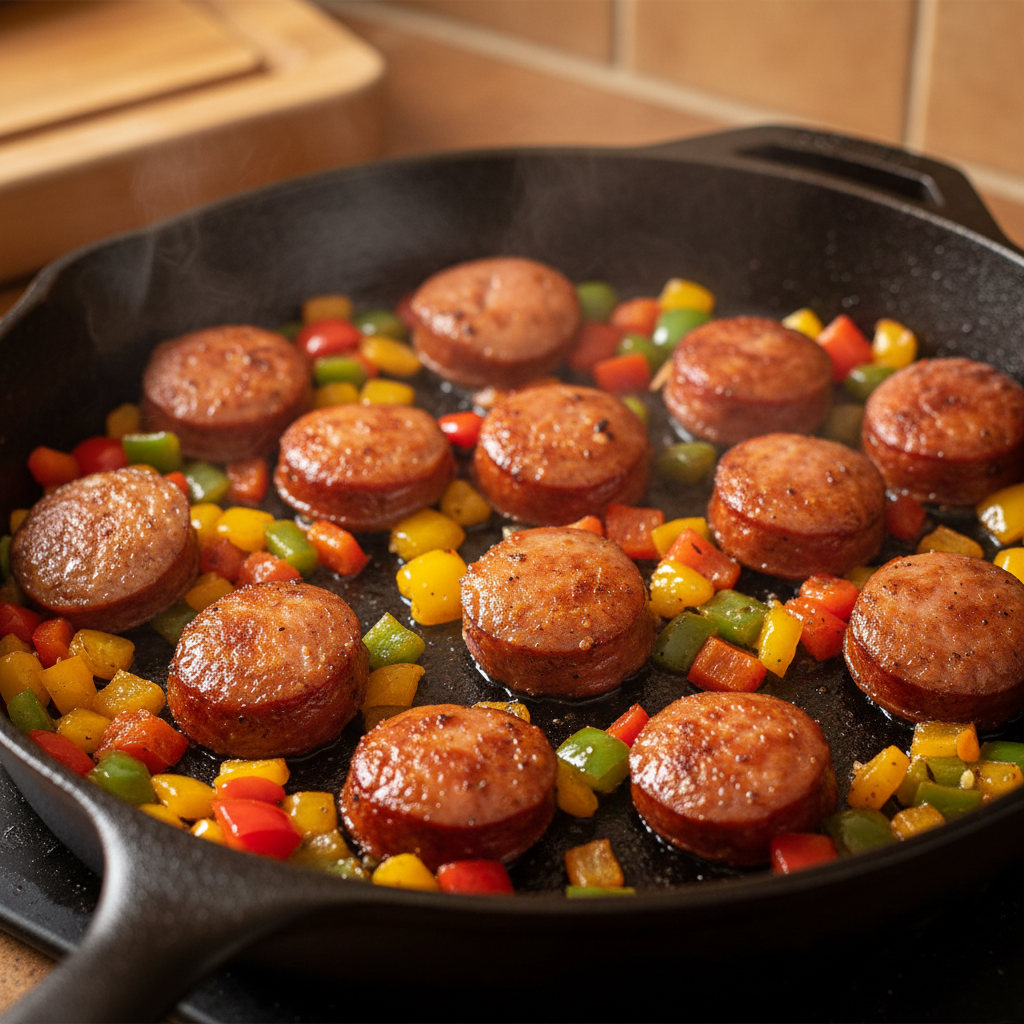 Cooked sausage and sauteed vegetables in a skillet