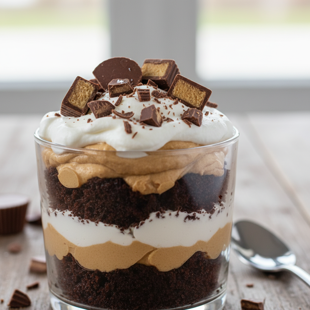 Finished chocolate peanut butter cup trifle in a clear dish
