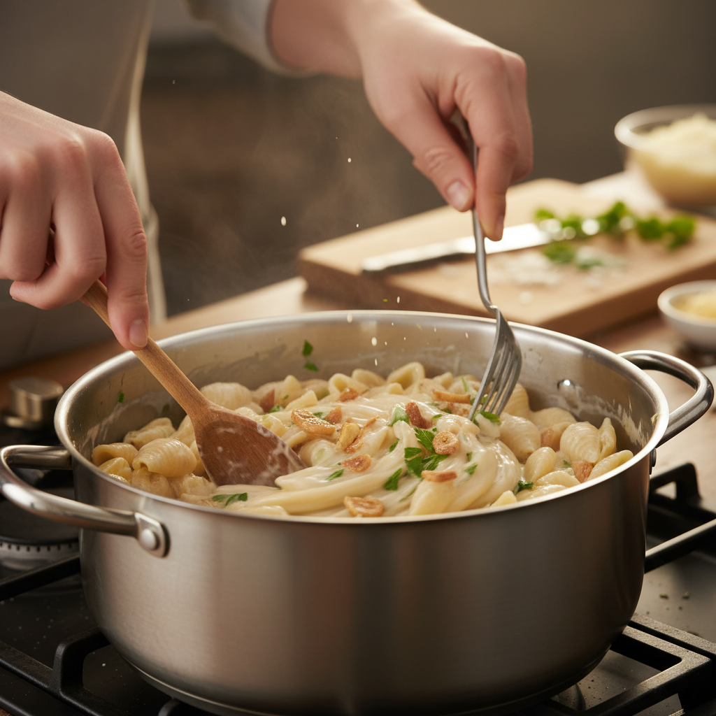 Pasta and milk mixture boiling in one pot