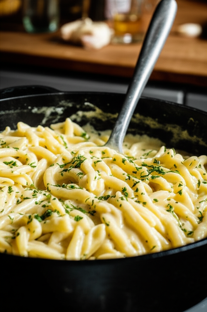 One Pot Creamy Garlic Pasta served in a bowl