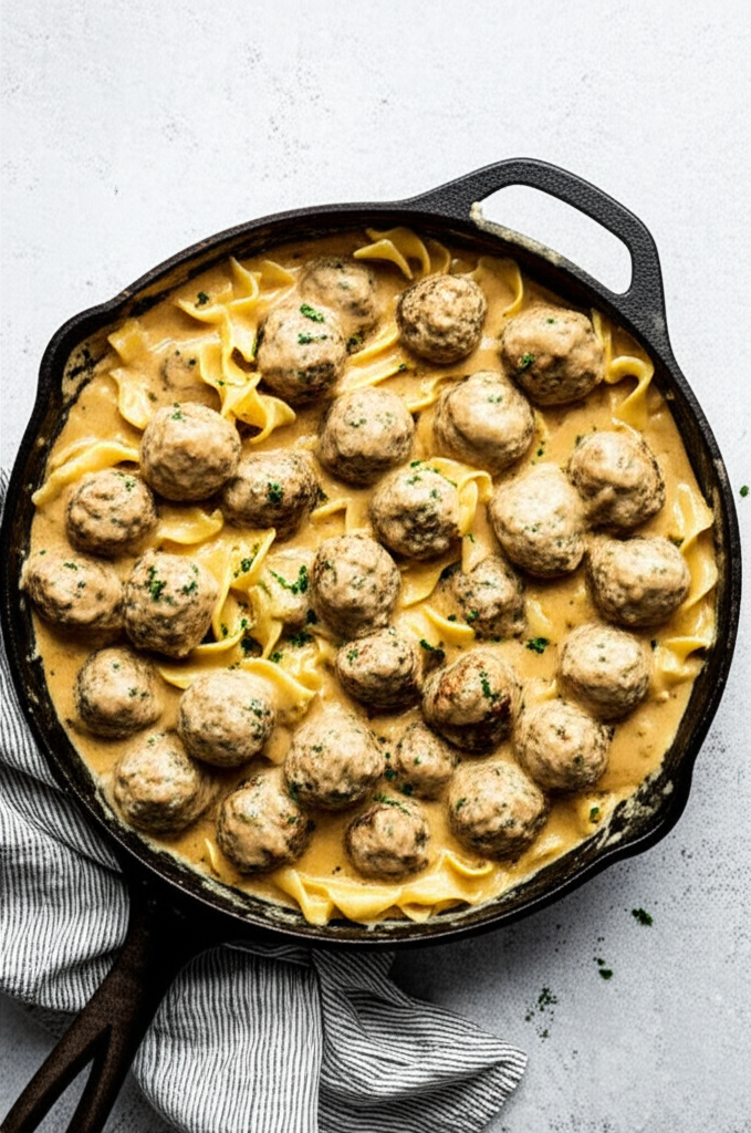 One Pot Meatball Stroganoff dish