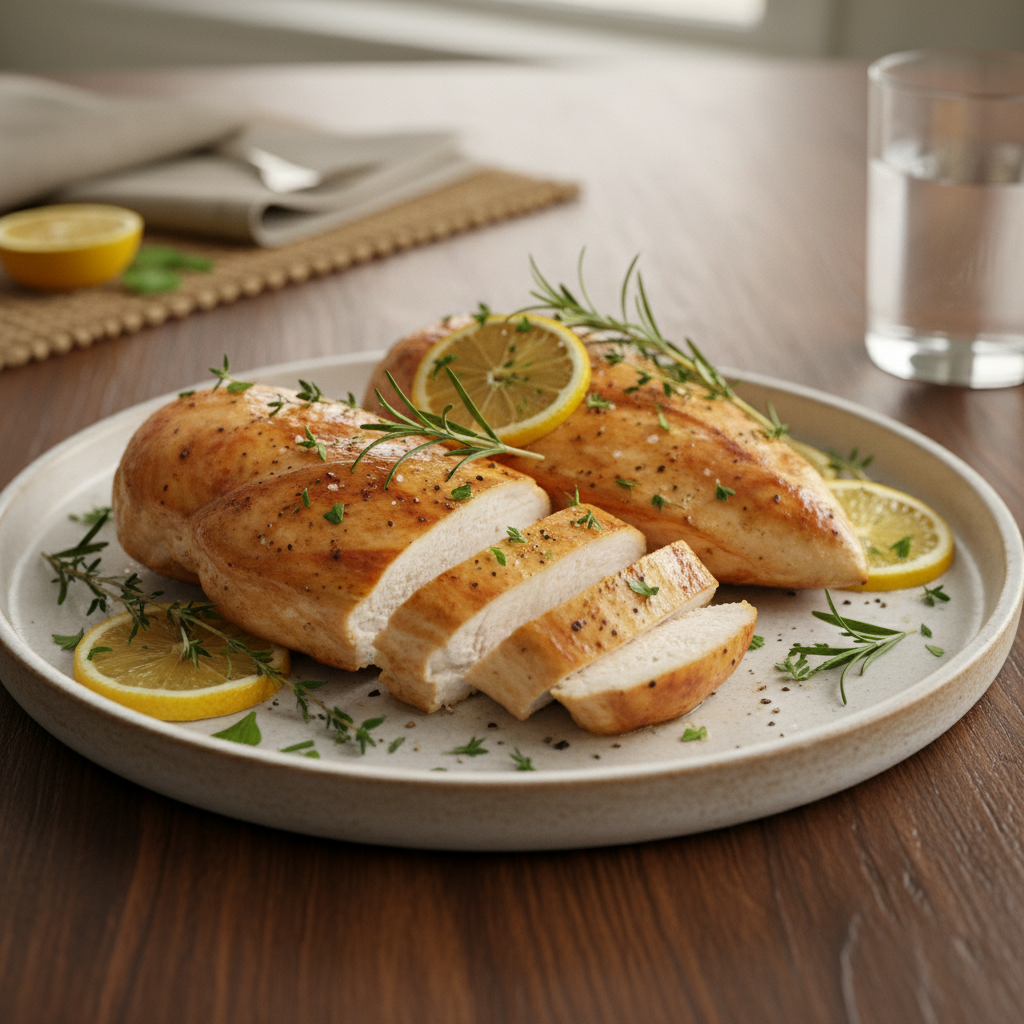 Serving oven baked chicken breasts with vegetables and lemon