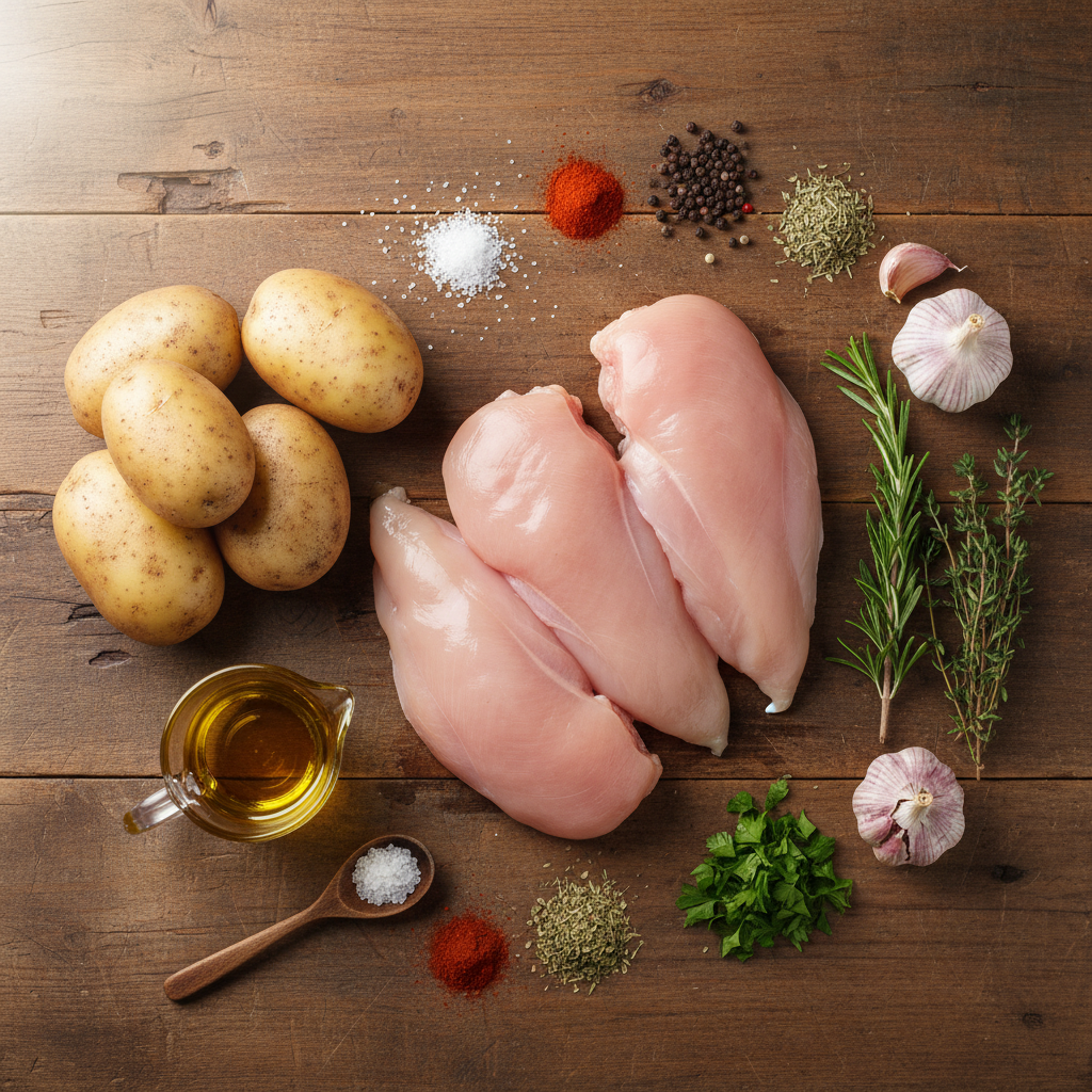 Ingredients for oven baked chicken breast arranged on a table