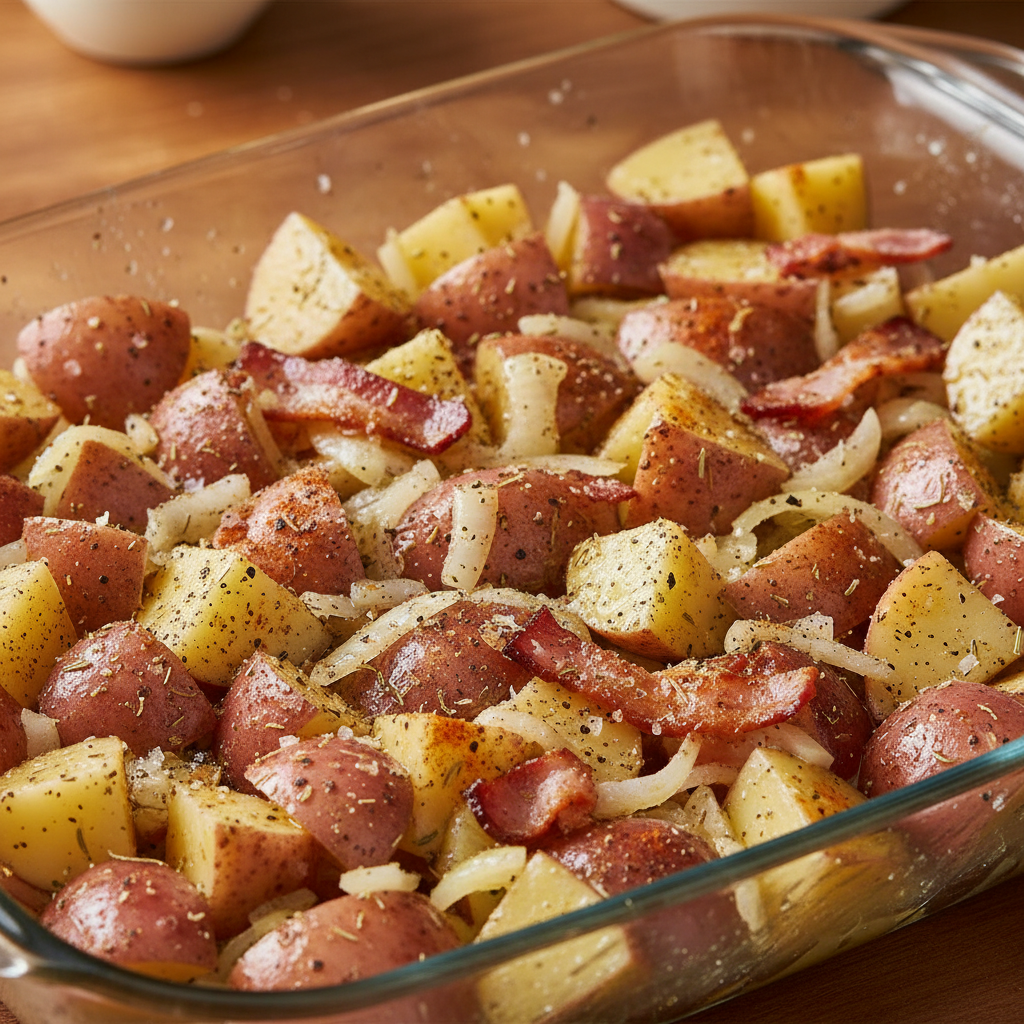 Spread potatoes, butter, onion and bacon in dish covered with foil