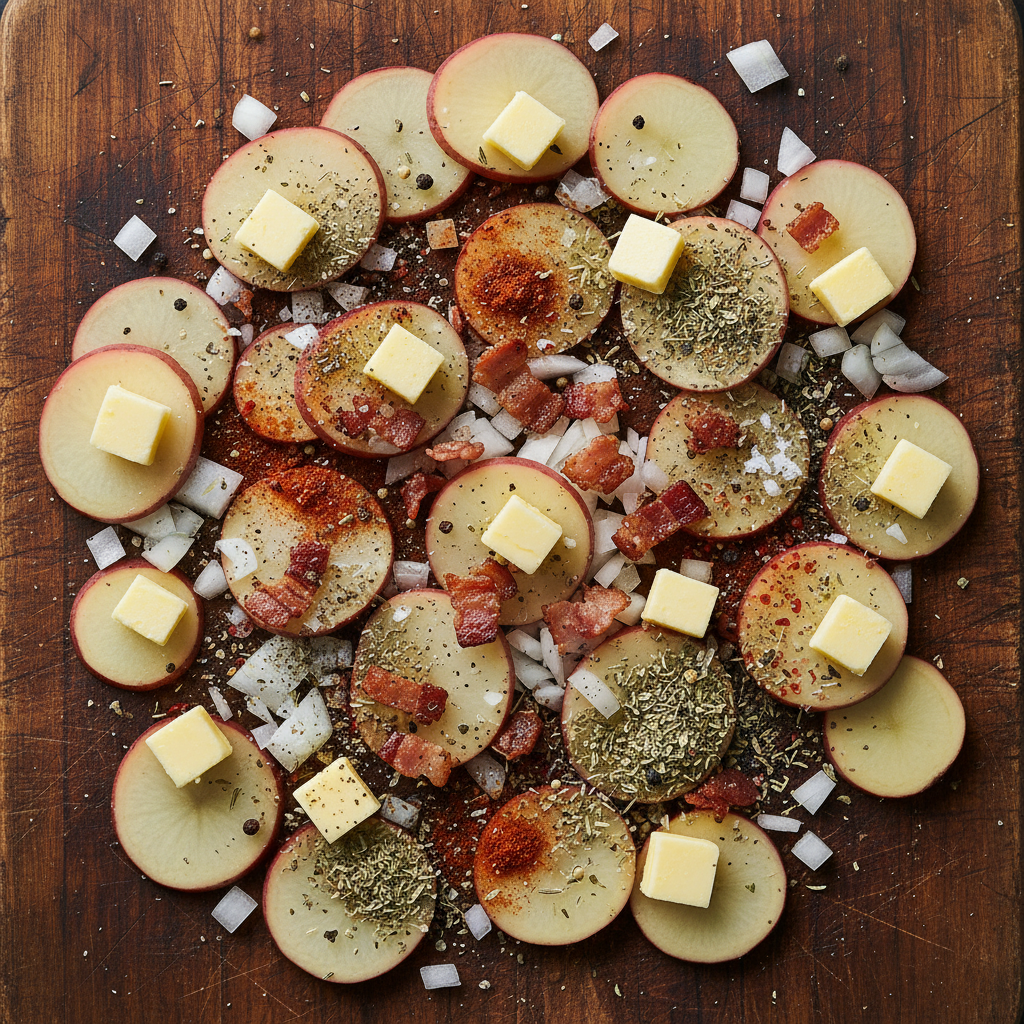 Ingredients for potatoes and onions fried in the oven