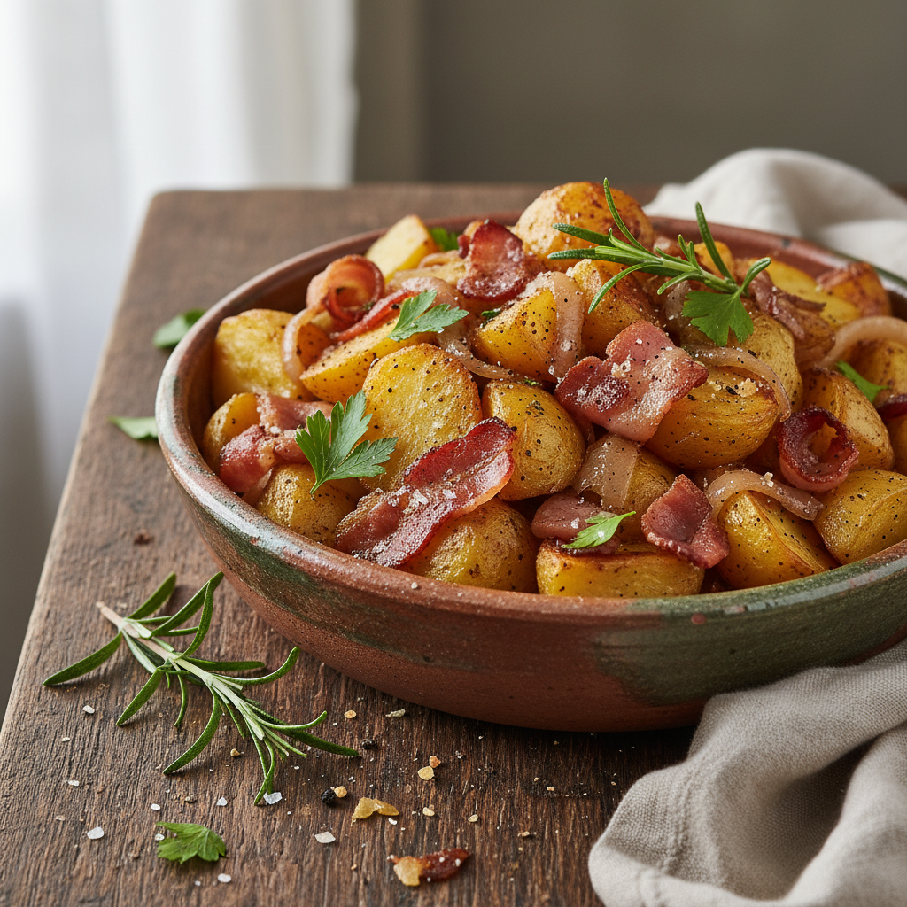 Finished potatoes and onions fried in the oven, ready to serve