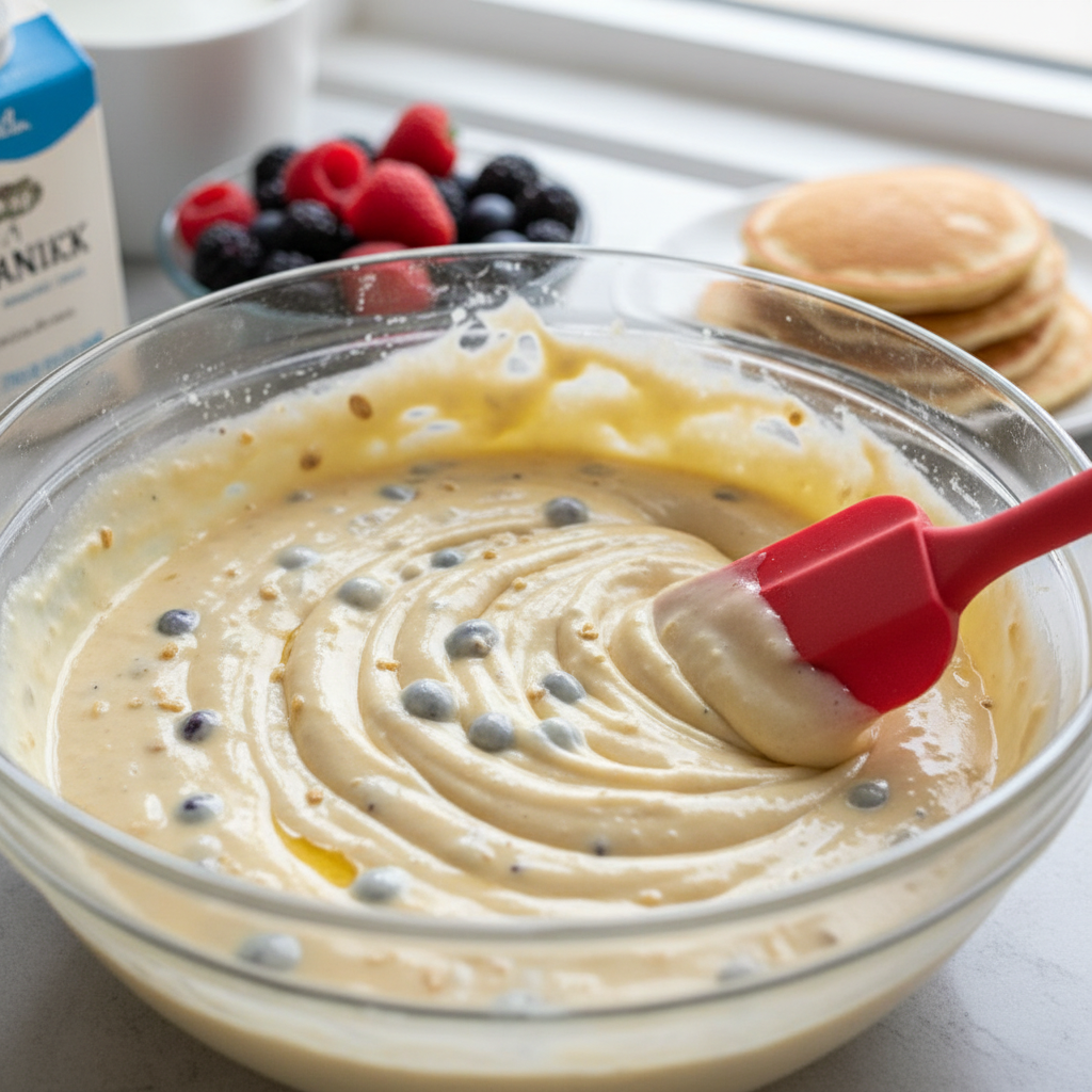 Mixing pancake batter for mini muffins