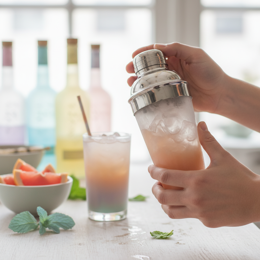 Cocktail shaker being used to mix ingredients for Pastel Paradise Margarita