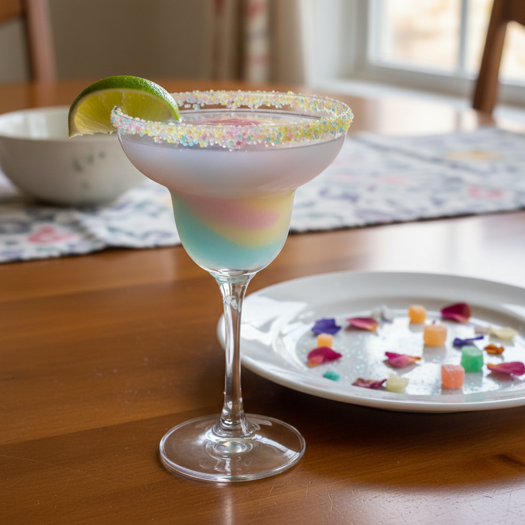 A filled margarita glass garnished with lime, pastel colored sugar rim