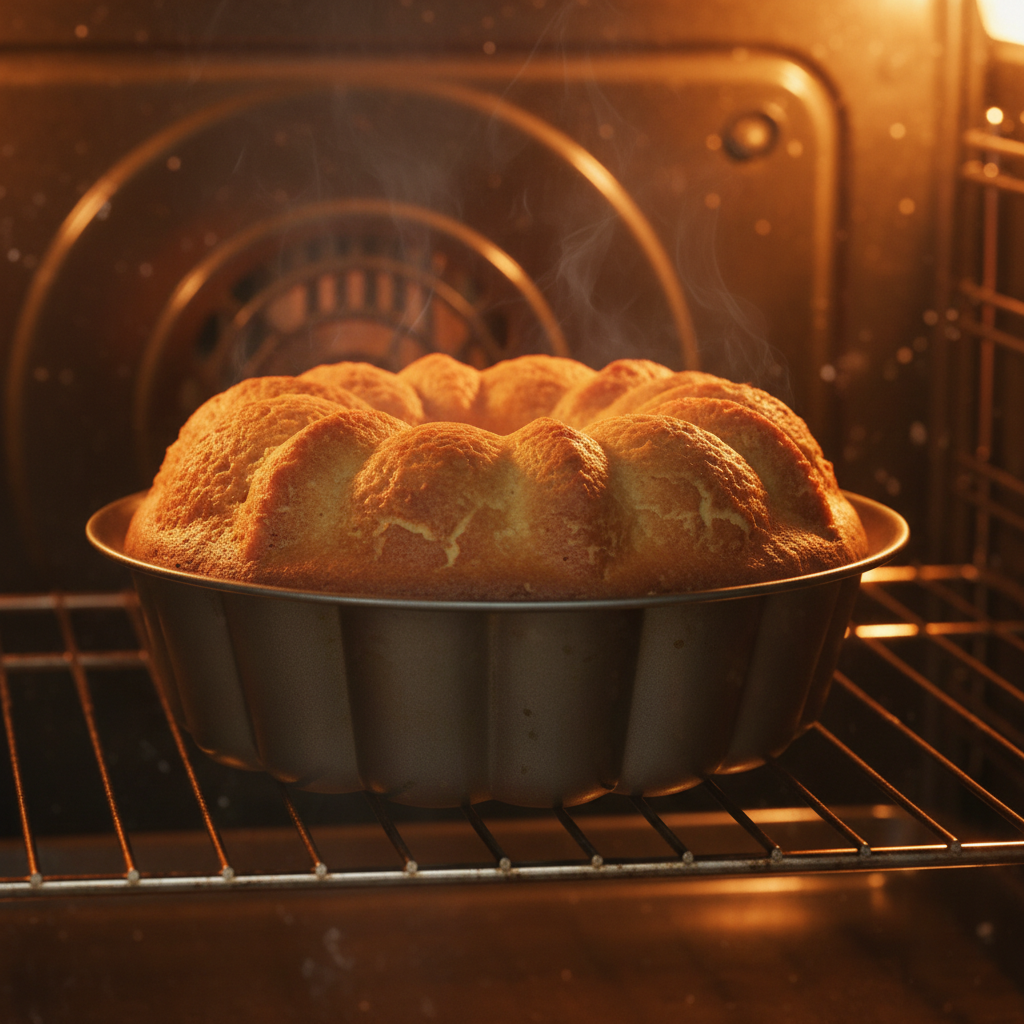 Peach Vanilla Bundt Cake freshly baked on a sunny kitchen counter