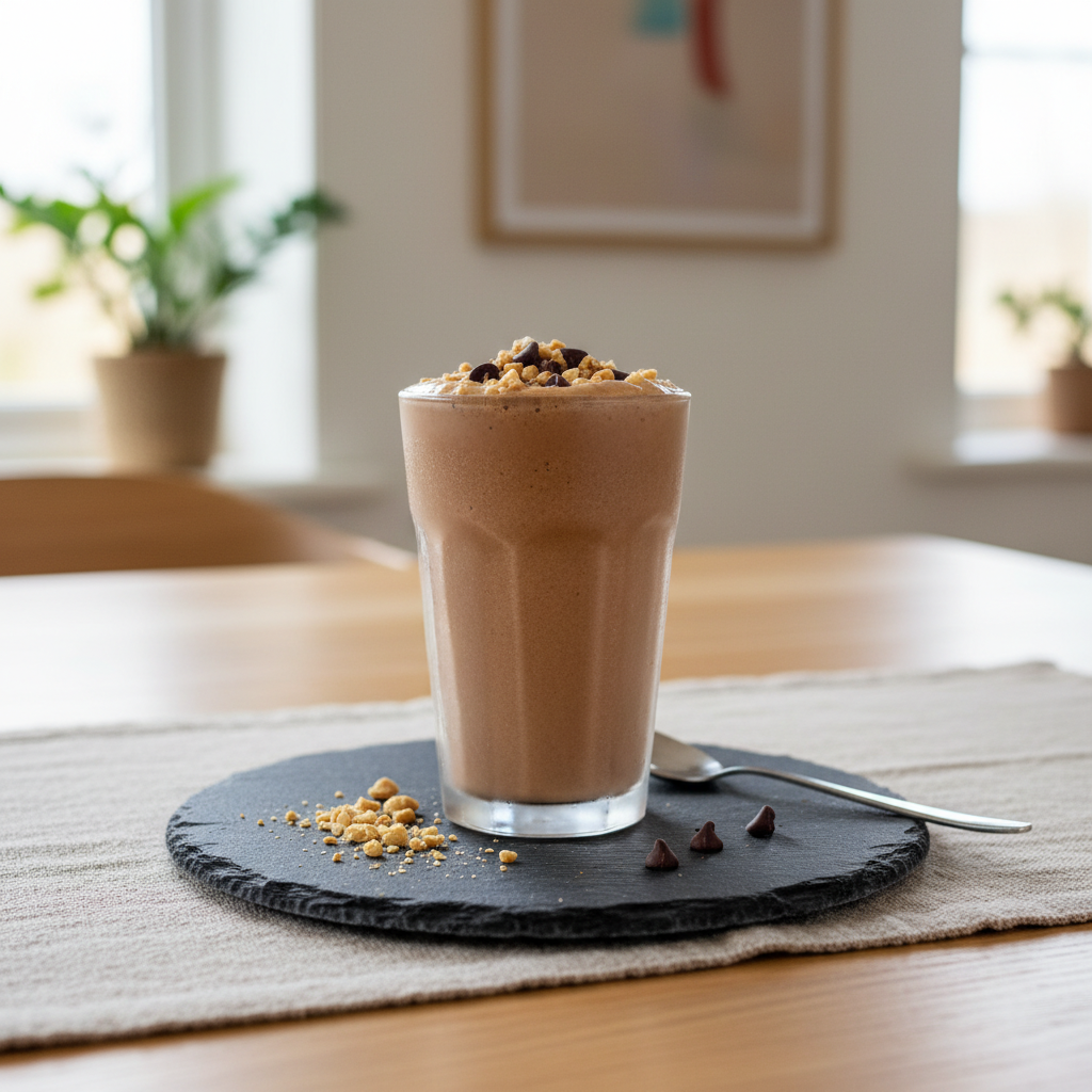 Chocolate Peanut Butter Protein Shake ready to enjoy topped with peanuts and chocolate chips