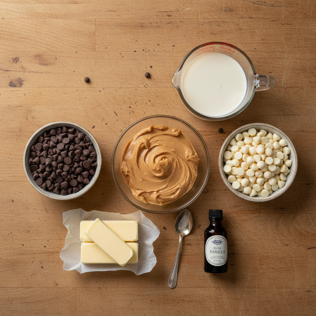 Ingredients for Peanut Butter Chocolate Swirl Fudge