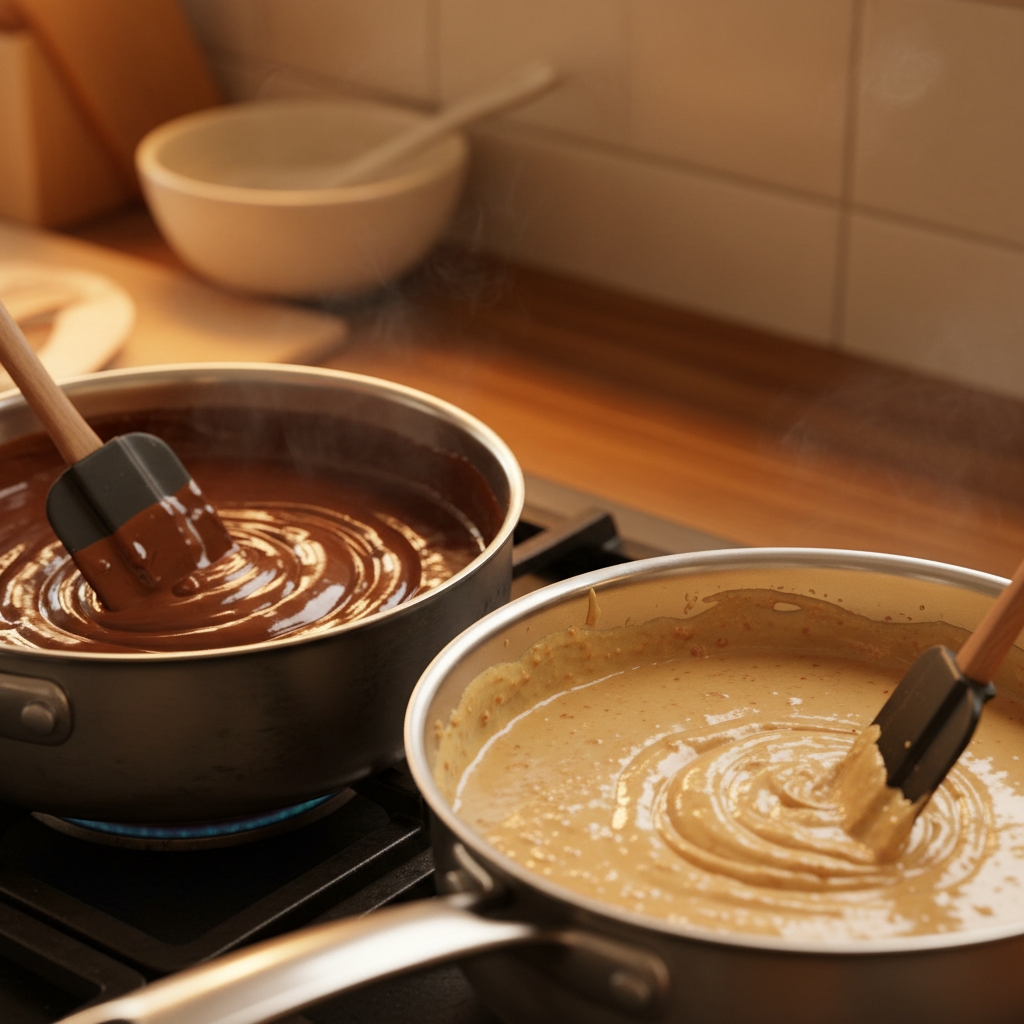 Melted chocolate and peanut butter mixtures in saucepans